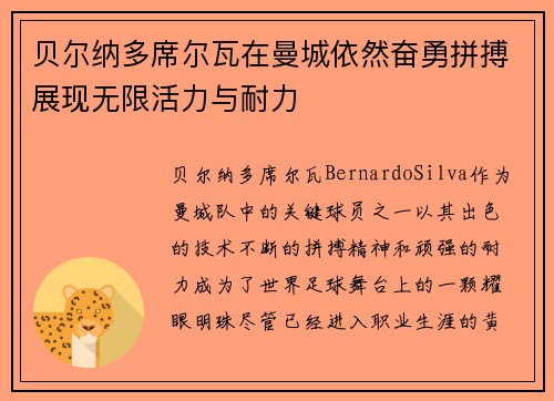 贝尔纳多席尔瓦在曼城依然奋勇拼搏展现无限活力与耐力