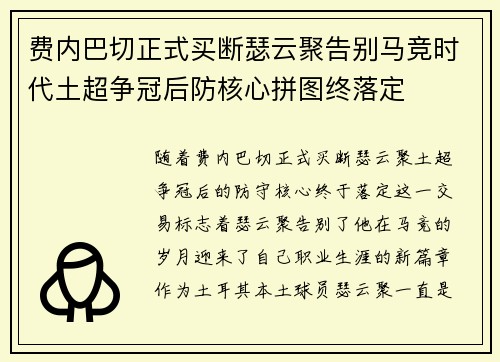 费内巴切正式买断瑟云聚告别马竞时代土超争冠后防核心拼图终落定